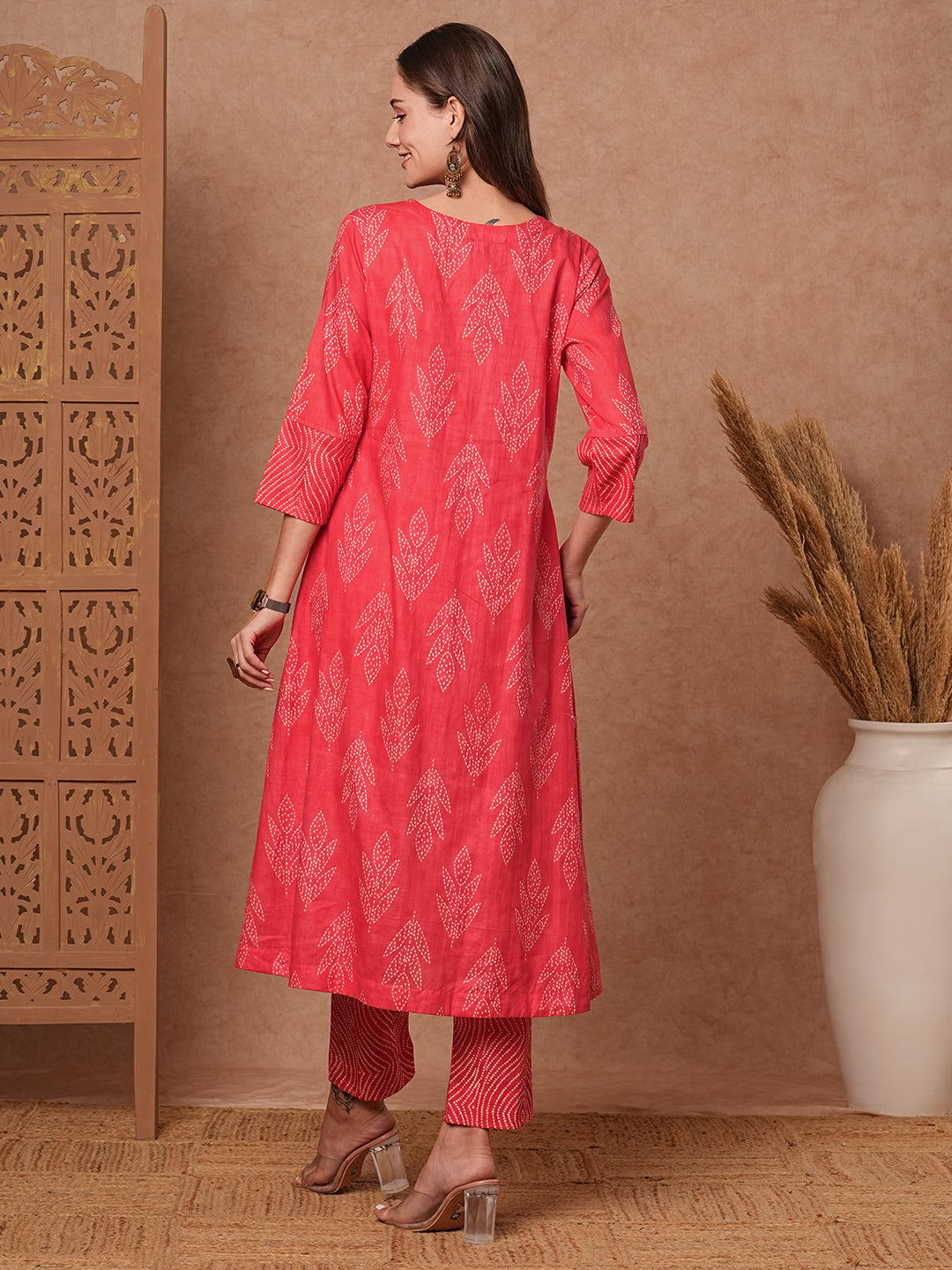 Ethnic Printed & Bead Embroidered A-Line Kurta with Pant - Peach
