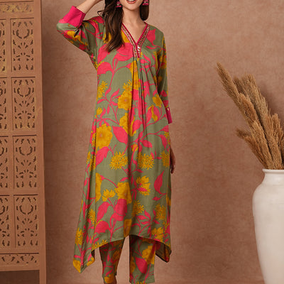 Floral Printed A-Line Pleated Kurta with Pant - Green