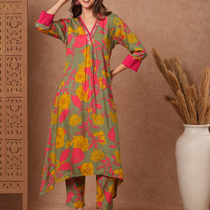 Floral Printed A-Line Pleated Kurta with Pant - Green