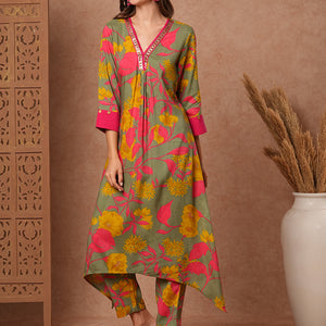 Floral Printed A-Line Pleated Kurta with Pant - Green