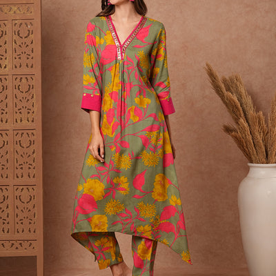 Floral Printed A-Line Pleated Kurta with Pant - Green
