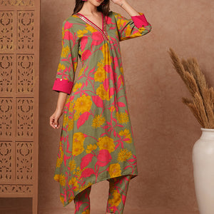 Floral Printed A-Line Pleated Kurta with Pant - Green