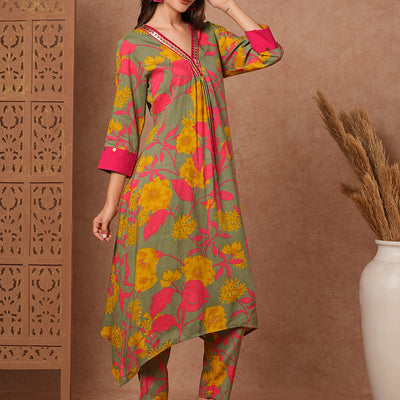 Floral Printed A-Line Pleated Kurta with Pant - Green