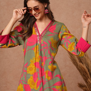 Floral Printed A-Line Pleated Kurta with Pant - Green