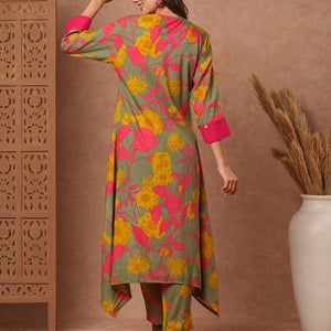Floral Printed A-Line Pleated Kurta with Pant - Green