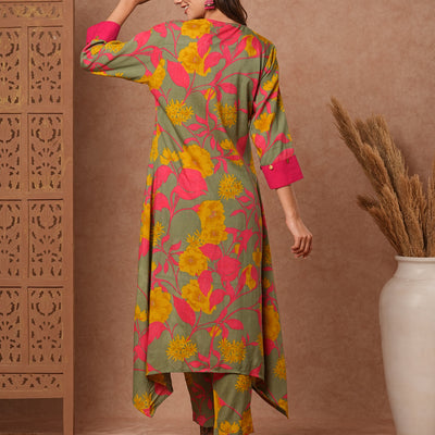 Floral Printed A-Line Pleated Kurta with Pant - Green
