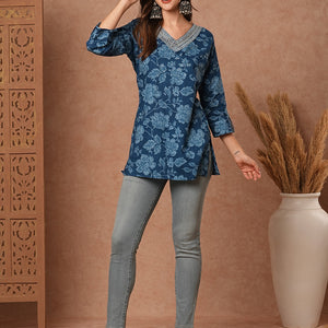 Floral Printed & Zari Embroidered Straight Fit Kurti - Blue