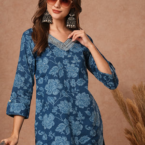 Floral Printed & Zari Embroidered Straight Fit Kurti - Blue