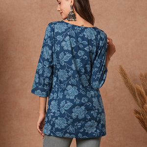 Floral Printed & Zari Embroidered Straight Fit Kurti - Blue