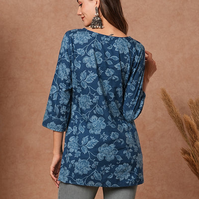 Floral Printed & Zari Embroidered Straight Fit Kurti - Blue