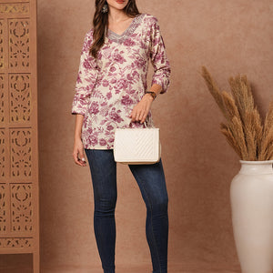 Floral Printed Resham & Zari Embroidered Kurti - Cream & Mauve