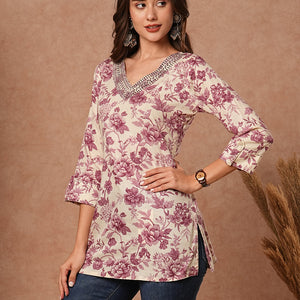 Floral Printed Resham & Zari Embroidered Kurti - Cream & Mauve