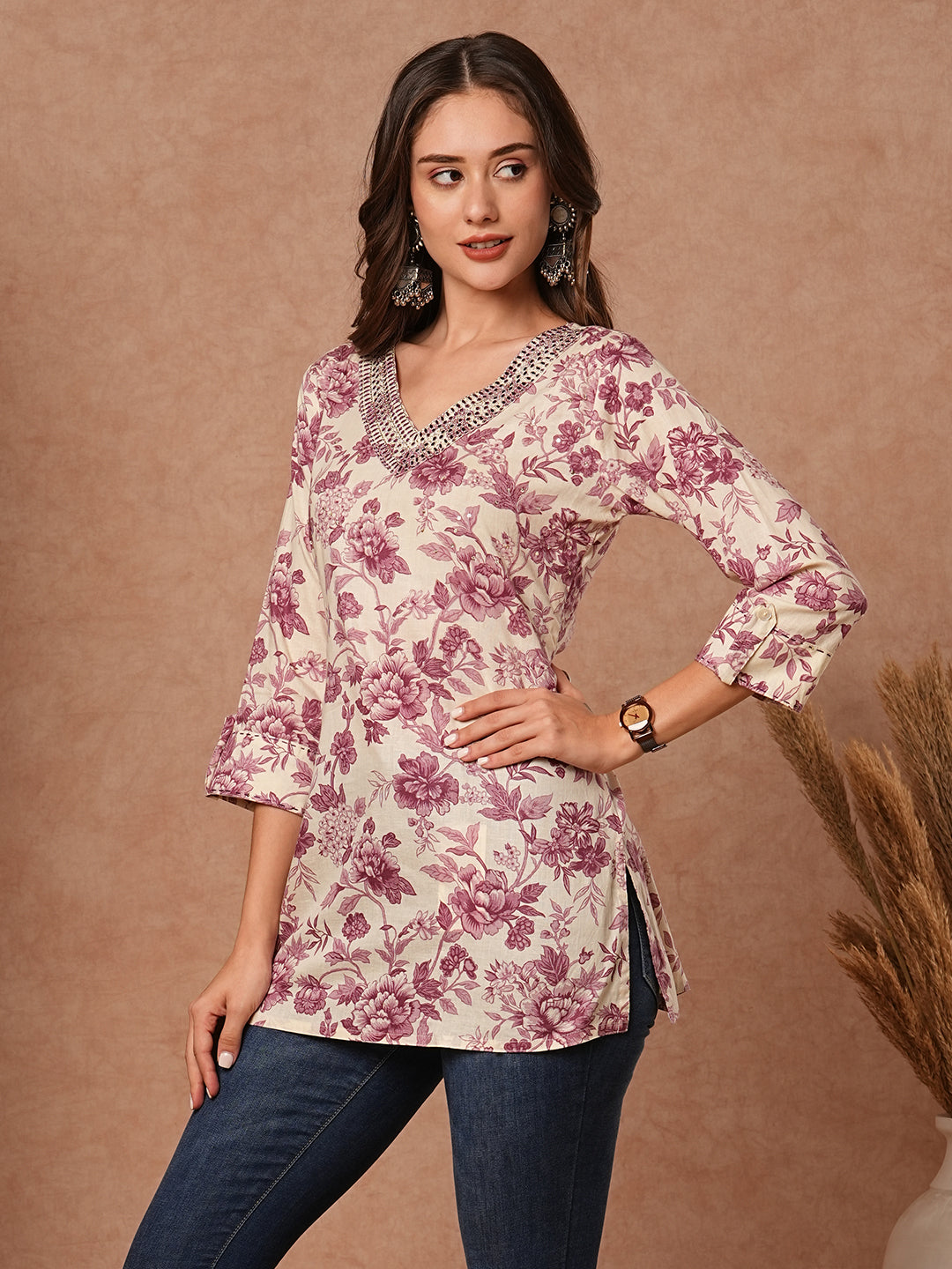 Floral Printed Resham & Zari Embroidered Kurti - Cream & Mauve