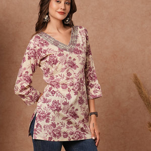 Floral Printed Resham & Zari Embroidered Kurti - Cream & Mauve