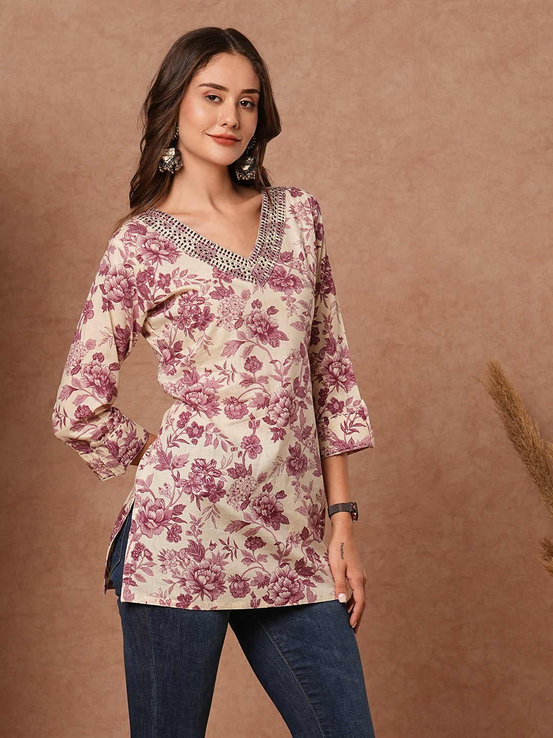 Floral Printed Resham & Zari Embroidered Kurti - Cream & Mauve