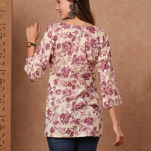Floral Printed Resham & Zari Embroidered Kurti - Cream & Mauve