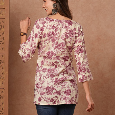 Floral Printed Resham & Zari Embroidered Kurti - Cream & Mauve