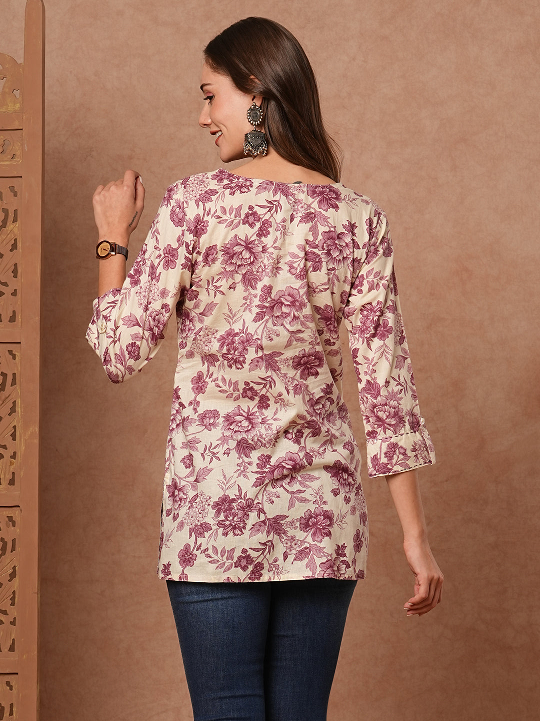 Floral Printed Resham & Zari Embroidered Kurti - Cream & Mauve