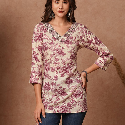 Floral Printed Resham & Zari Embroidered Kurti - Cream & Mauve