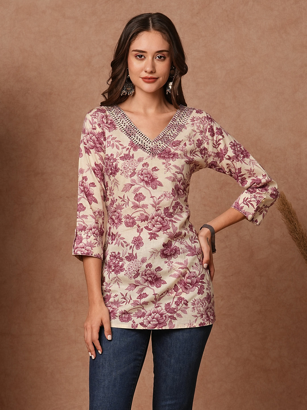 Floral Printed Resham & Zari Embroidered Kurti - Cream & Mauve