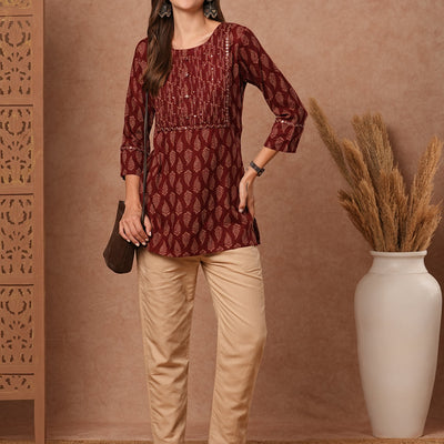 Ethnic Printed Mirror, Resham & Sequins Embroidered Kurti - Maroon