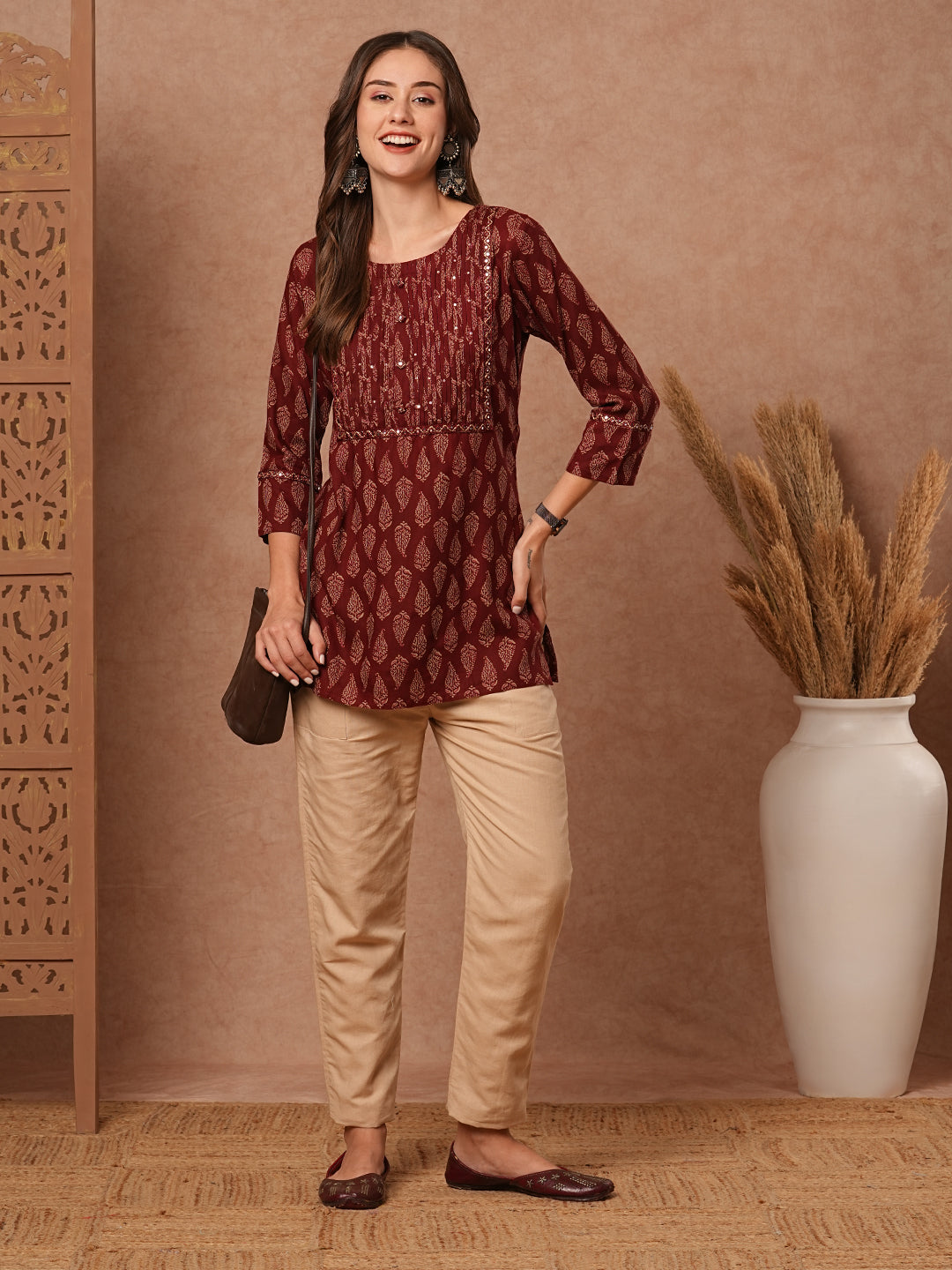 Ethnic Printed Mirror, Resham & Sequins Embroidered Kurti - Maroon