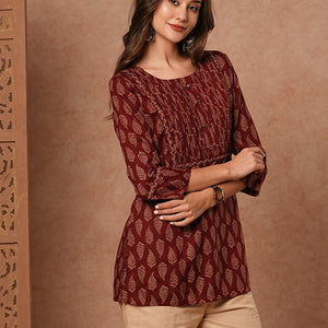 Ethnic Printed Mirror, Resham & Sequins Embroidered Kurti - Maroon