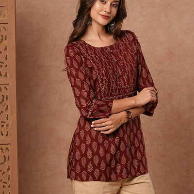 Ethnic Printed Mirror, Resham & Sequins Embroidered Kurti - Maroon
