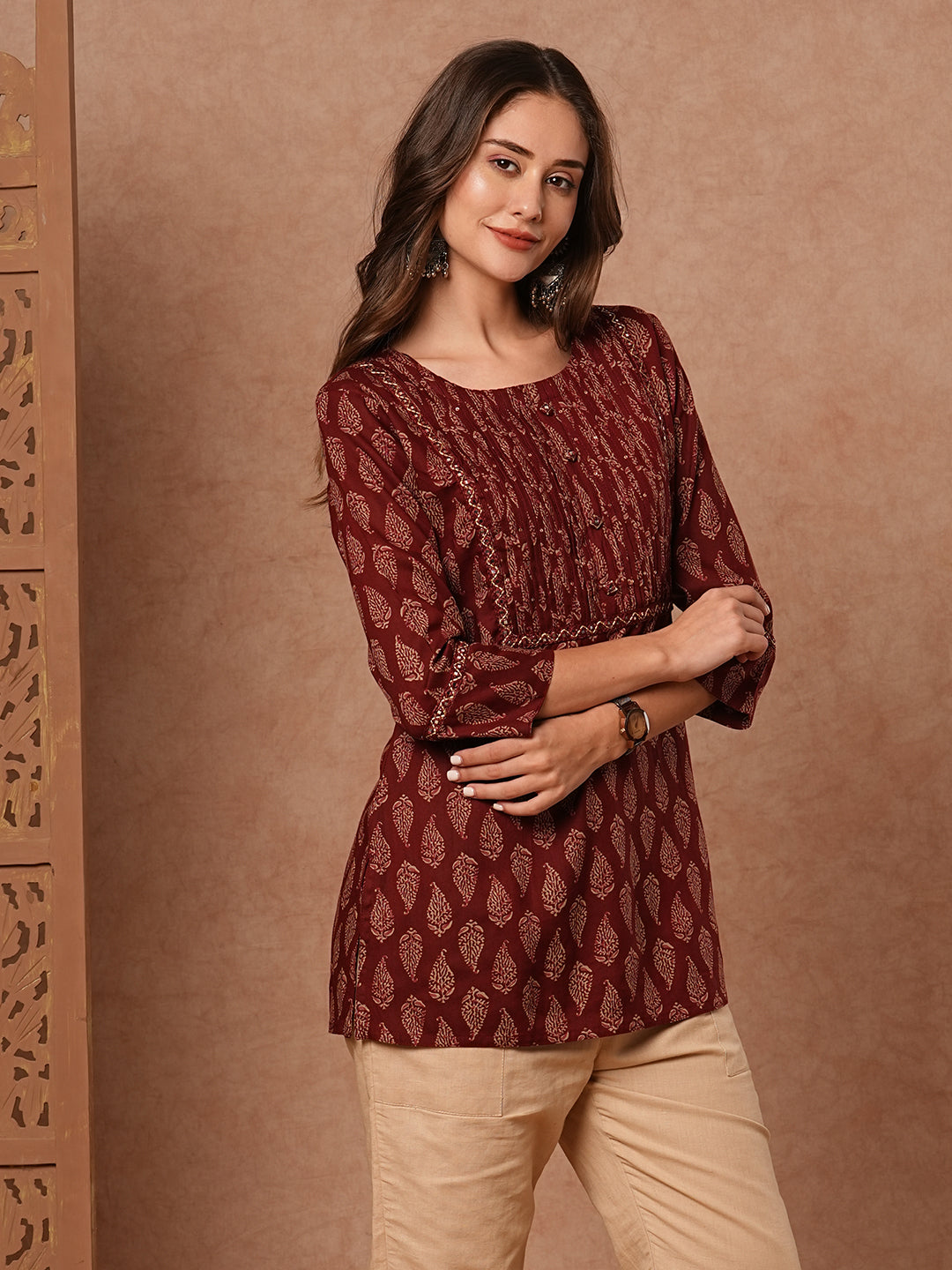 Ethnic Printed Mirror, Resham & Sequins Embroidered Kurti - Maroon
