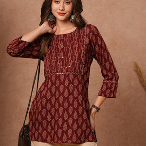Ethnic Printed Mirror, Resham & Sequins Embroidered Kurti - Maroon