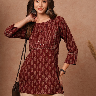 Ethnic Printed Mirror, Resham & Sequins Embroidered Kurti - Maroon