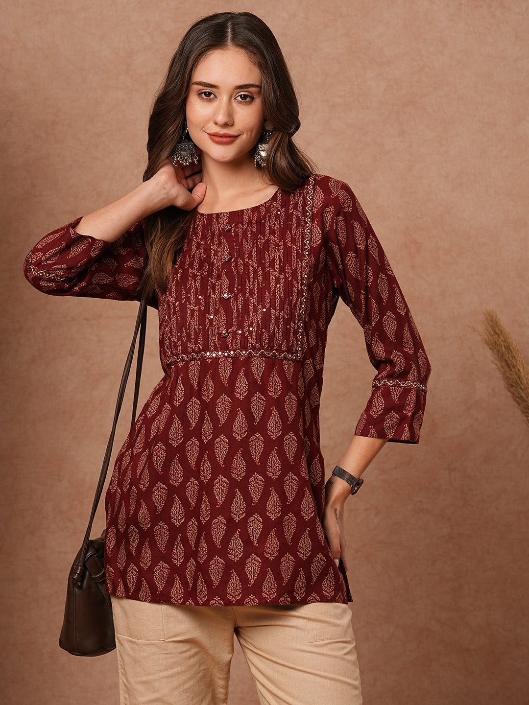 Ethnic Printed Mirror, Resham & Sequins Embroidered Kurti - Maroon