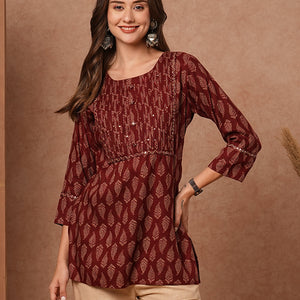 Ethnic Printed Mirror, Resham & Sequins Embroidered Kurti - Maroon