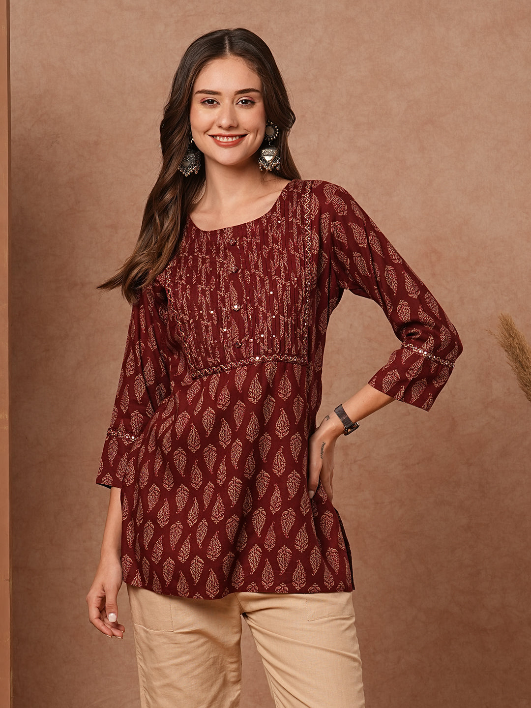 Ethnic Printed Mirror, Resham & Sequins Embroidered Kurti - Maroon