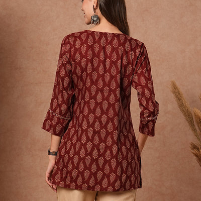Ethnic Printed Mirror, Resham & Sequins Embroidered Kurti - Maroon