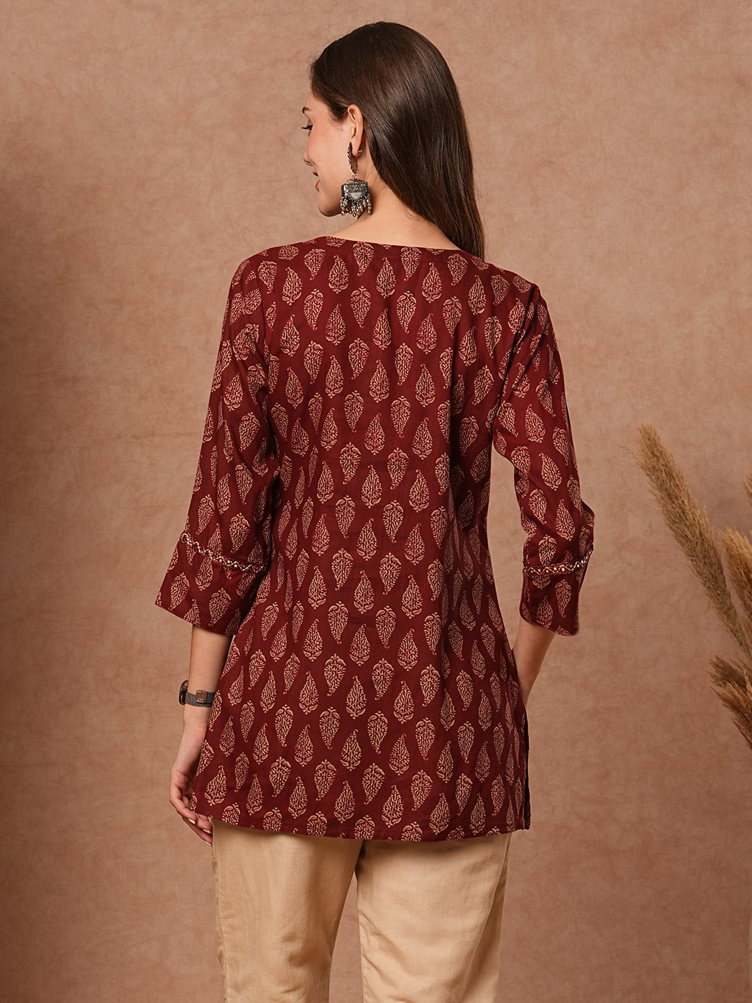 Ethnic Printed Mirror, Resham & Sequins Embroidered Kurti - Maroon