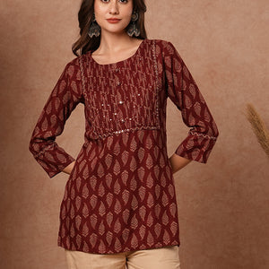 Ethnic Printed Mirror, Resham & Sequins Embroidered Kurti - Maroon