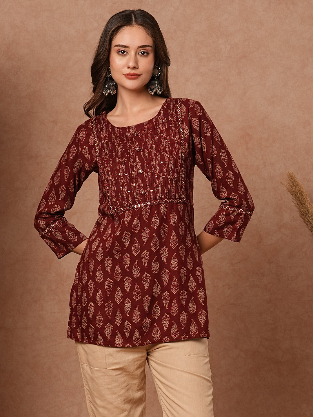 Ethnic Printed Mirror, Resham & Sequins Embroidered Kurti - Maroon