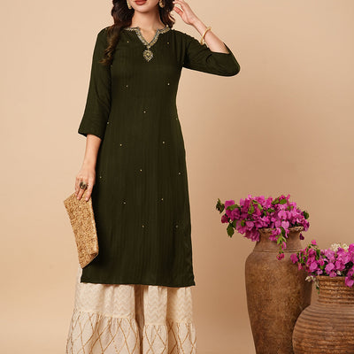 Ethnic Stripes Woven & Hand Embroidered Straight Fit Kurta - Olive Green