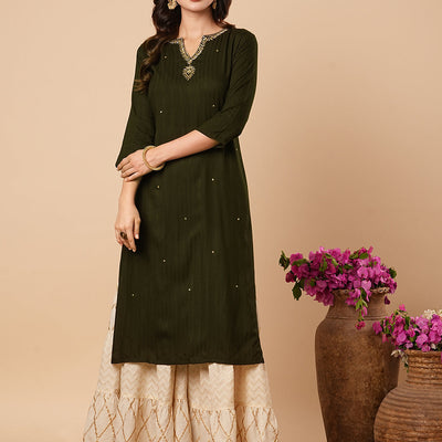 Ethnic Stripes Woven & Hand Embroidered Straight Fit Kurta - Olive Green