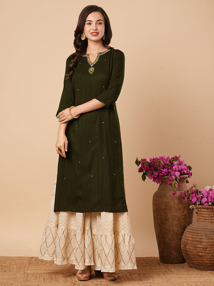 Ethnic Stripes Woven & Hand Embroidered Straight Fit Kurta - Olive Green