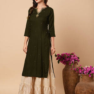 Ethnic Stripes Woven & Hand Embroidered Straight Fit Kurta - Olive Green