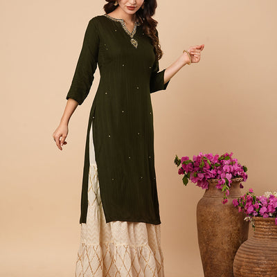 Ethnic Stripes Woven & Hand Embroidered Straight Fit Kurta - Olive Green