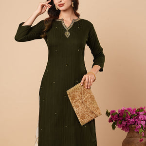 Ethnic Stripes Woven & Hand Embroidered Straight Fit Kurta - Olive Green
