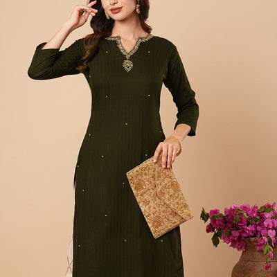 Ethnic Stripes Woven & Hand Embroidered Straight Fit Kurta - Olive Green