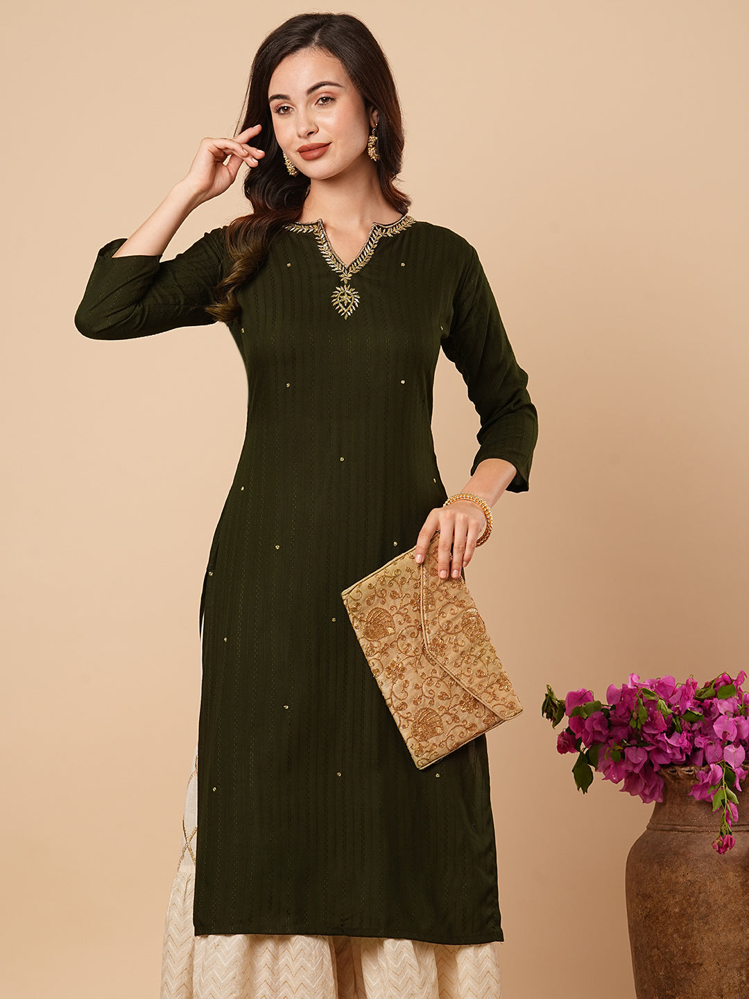 Ethnic Stripes Woven & Hand Embroidered Straight Fit Kurta - Olive Green