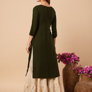 Ethnic Stripes Woven & Hand Embroidered Straight Fit Kurta - Olive Green