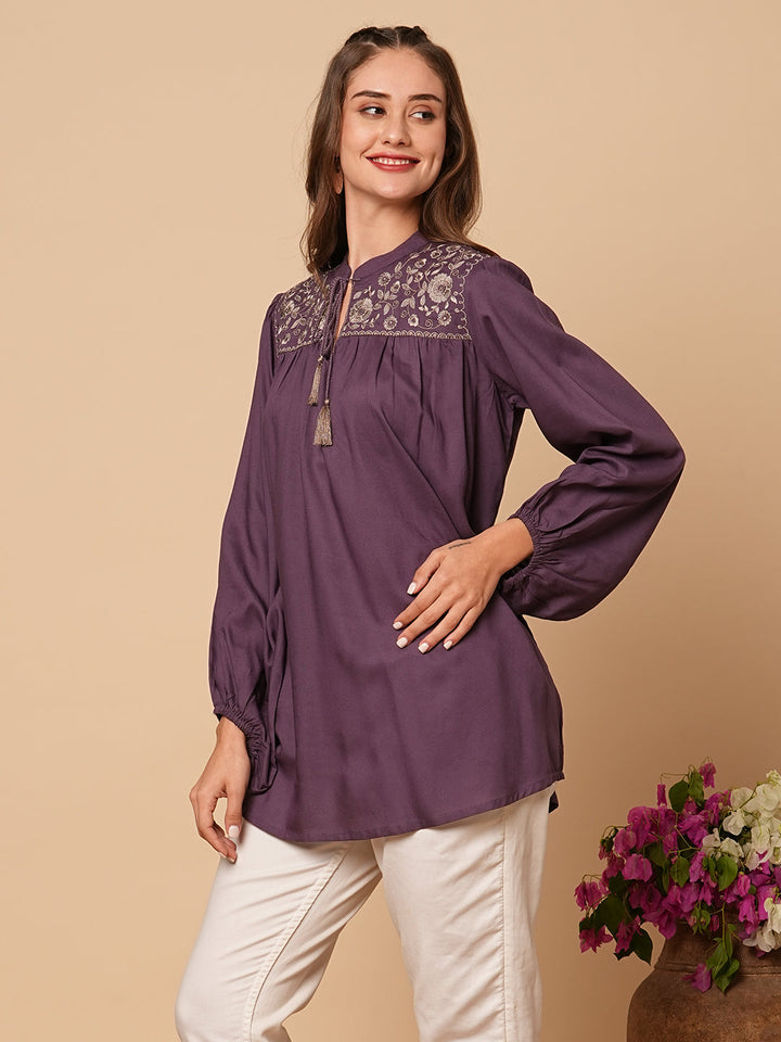 Floral Embroidered A-Line Pleated Short Kurti - Lavender