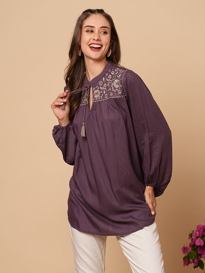 Floral Embroidered A-Line Pleated Short Kurti - Lavender