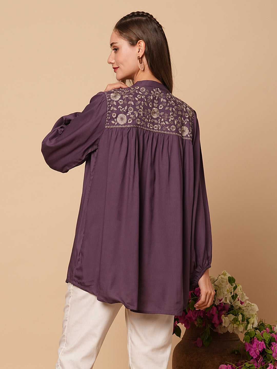 Floral Embroidered A-Line Pleated Short Kurti - Lavender